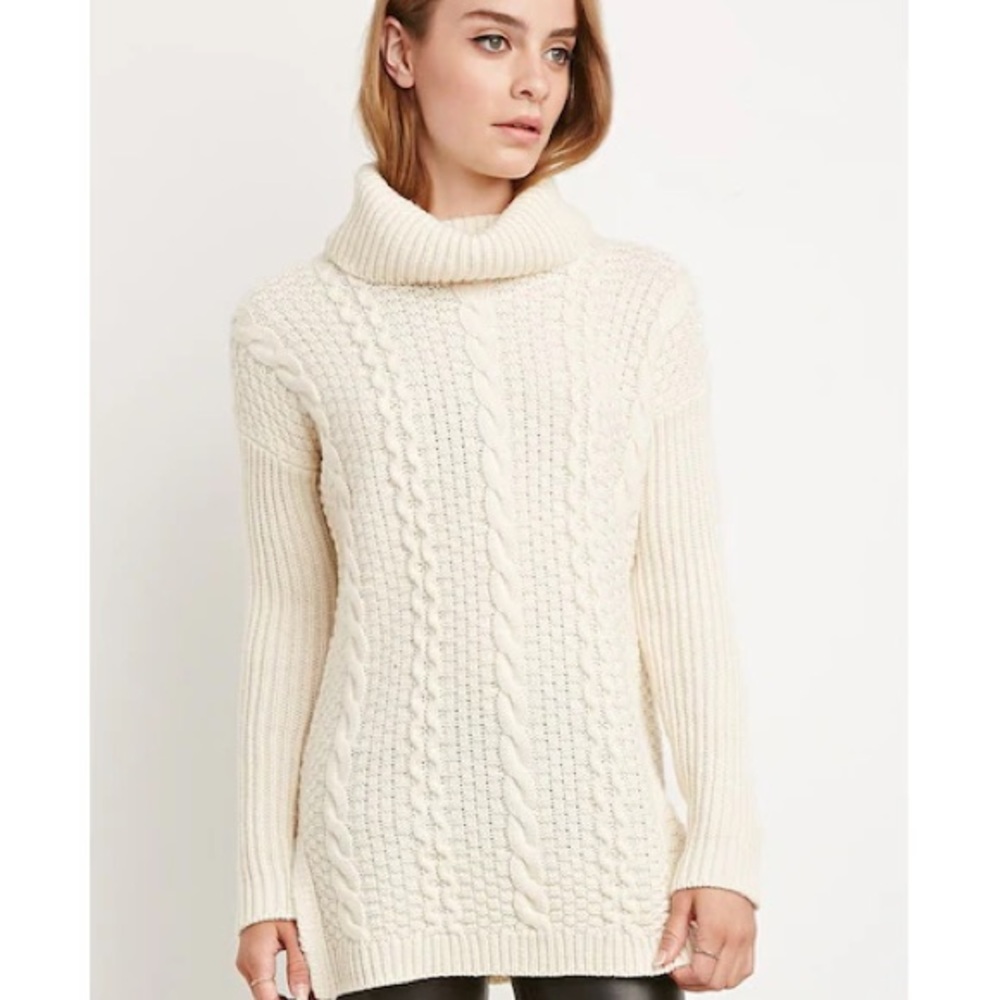 FOREVER21 Cozy Cream Cable Knit Cowl Turtleneck Tunic Sweater Small